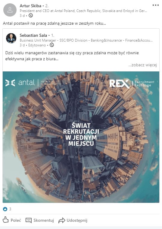 Zrzut z ekranu wypowiedzi Artura Skiby i Sebastiana Sala na temat pracy zdalnej w firmie Antal.