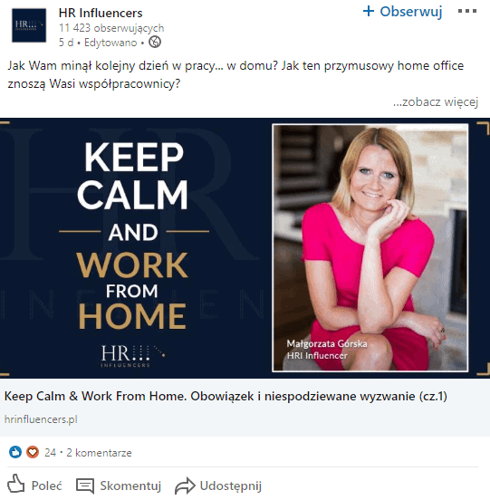 Keep Calm and Work from Home. Zdjęcie jest zrzutem z ekranu wypowiedzi Małgorzaty Górskiej HRI Influencer