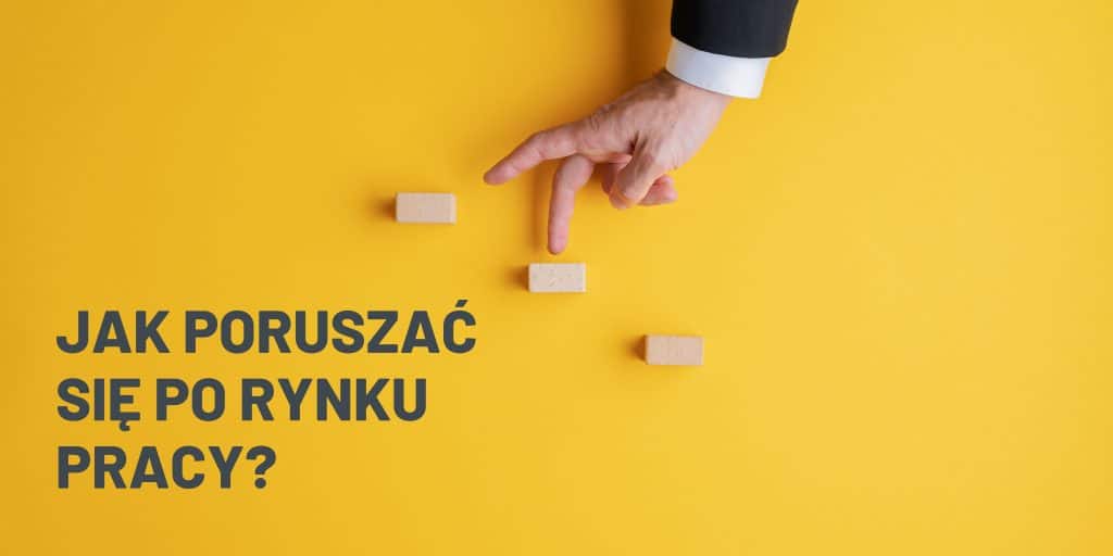 Zdjęcie jest ilustracją do artykułu: Jak poruszać się po rynku pracy?. Przedstawia tytuł artykułu oraz zdjęcie ludzkiej ręki symulującej wchodzenie po schodach za pomocą palców.