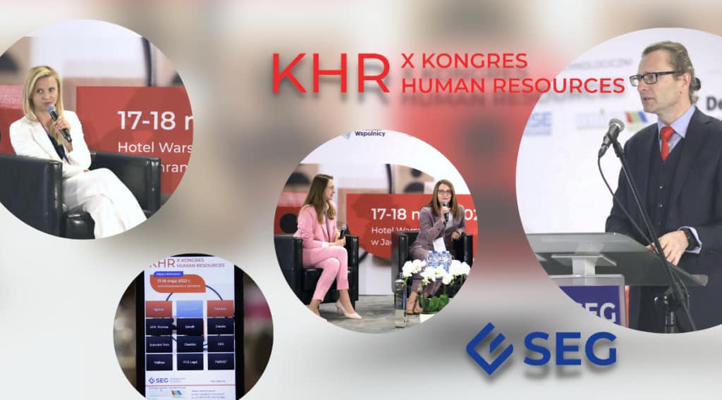 Grafika jest ilustracją do artykułu: Jubileuszowy Kongres HR Spółek Giełdowych SEG - podsumowanie. Przedstawia zdjęcia prelegentów i podstawowe organizacyjne informacje na temat Kongresu.