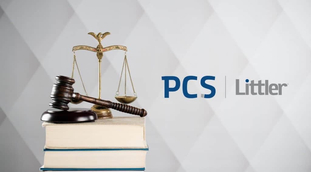 Zdjęcie jest ilustracją do artykułu: Zmiany w PPK – na co muszą być gotowi pracodawcy?. Przedstawia logo PCS Littler oraz kodeksy, młotek sędziowski i wagę sprawiedliwości.