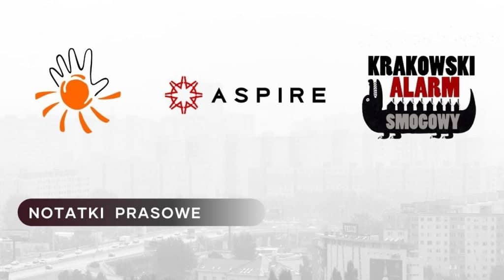 Pozioma grafika. W lewym dolnym rogu napis: notatki prasowe. W górnej części 3 logotypy m.in. ASPIRE i Krakowski Alarm Smogowy.