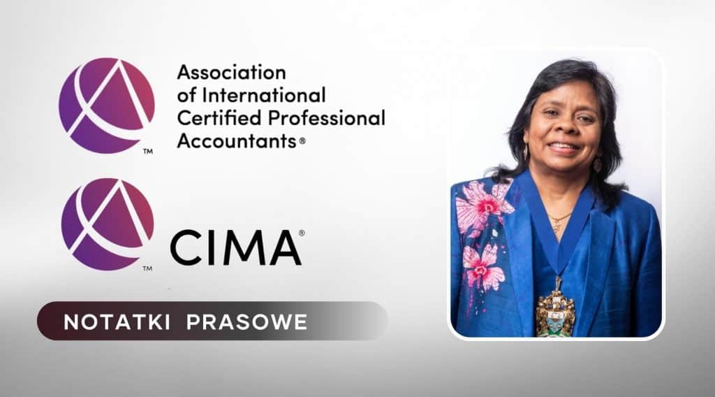 Zdjęcie Prezydentki CIMA Melanie Kanaka. Po lewej stronie znajduje się logo CIMA i Association of International Certified Professional Accountants
