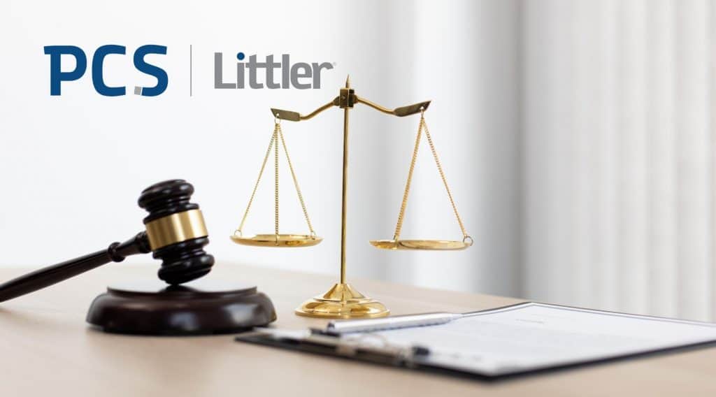 Ilustracja do artykułu: Kontrola trzeźwości podczas pracy zdalnej. Przedstawia logo PCS Littler oraz wagę sprawiedliwości, młotek sędziowski i notes.