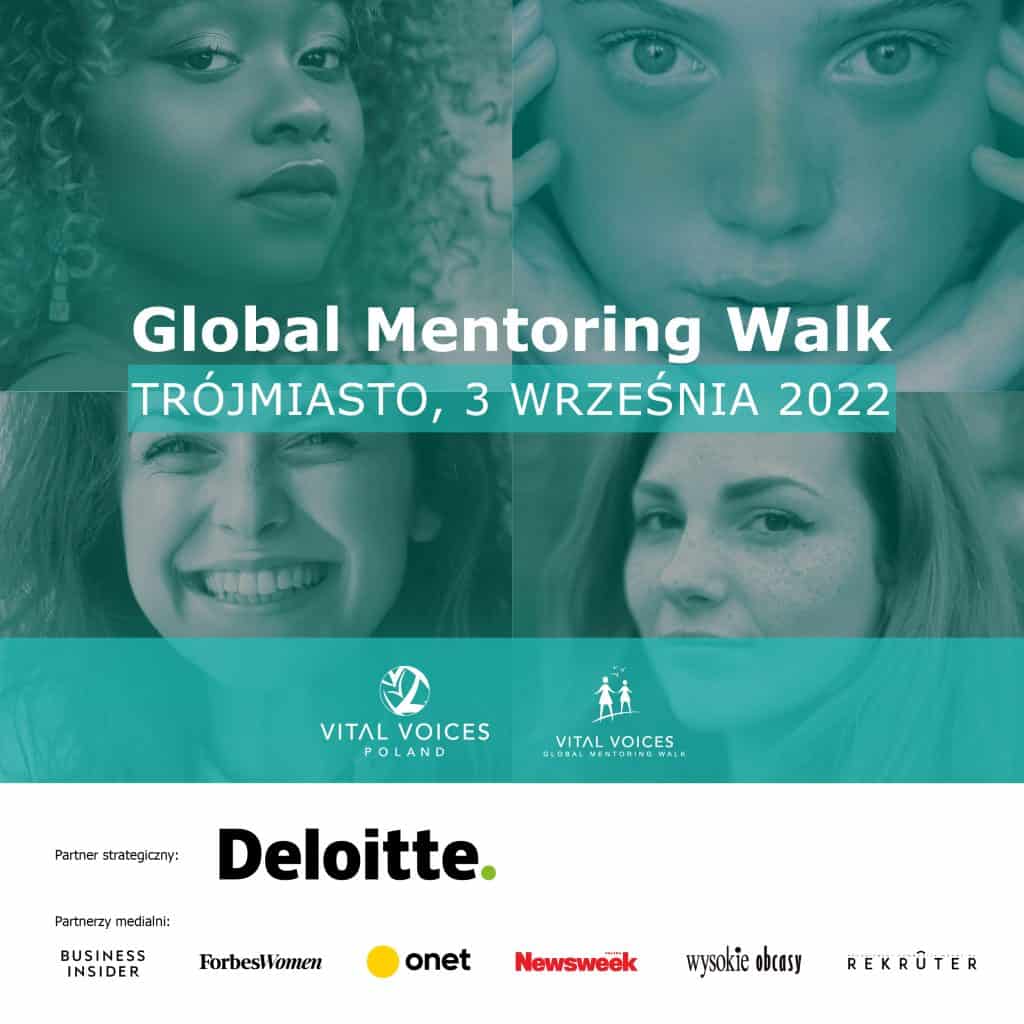 Zdjęcie przedstawia 4 twarze młodych uśmiechniętych kobiet różnych ras oraz tytuł Global Mentoring Walk, Trójmiasto, 3 września.  Na dole znajduje się logo Vital Voices. 