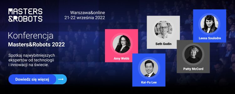 Grafika informująca o konferencji Masters&Robots 2022 ze zdjęciami prelegentów.