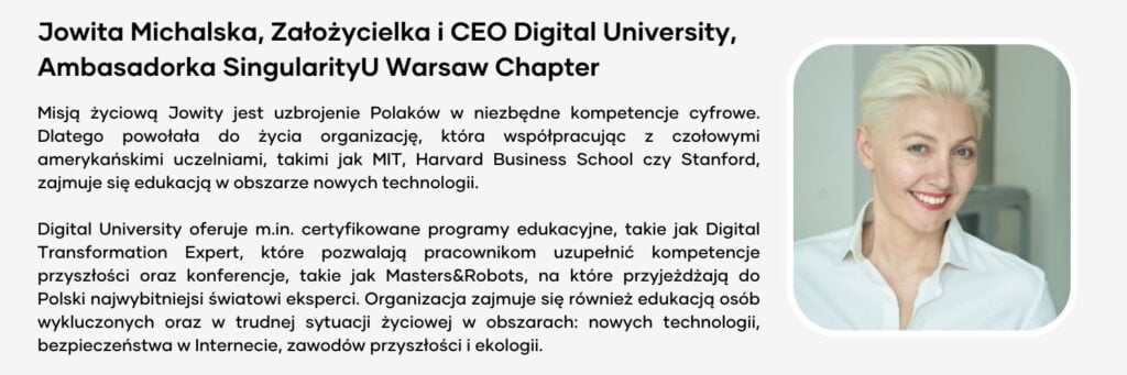 Zdjęcie Jowity Michalskiej inicjatorki konferencji Masters&Robotsi jej krótka biografia