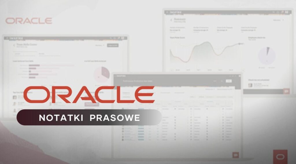 Grafika z logiem Oracle i tytułem działu "Notatki Prasowe". W tle widać monitory cyfrowe z wykresami.