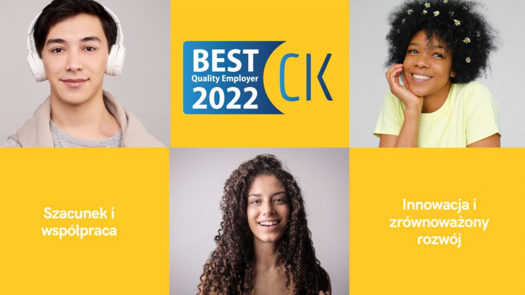 Ilustracja do artykułu. Przedstawia prostokąt podzielony na sześć prostokątów w których znajdują się zdjęcia młodych osób oraz logo i motto spotkania Best Quality Employer 2022