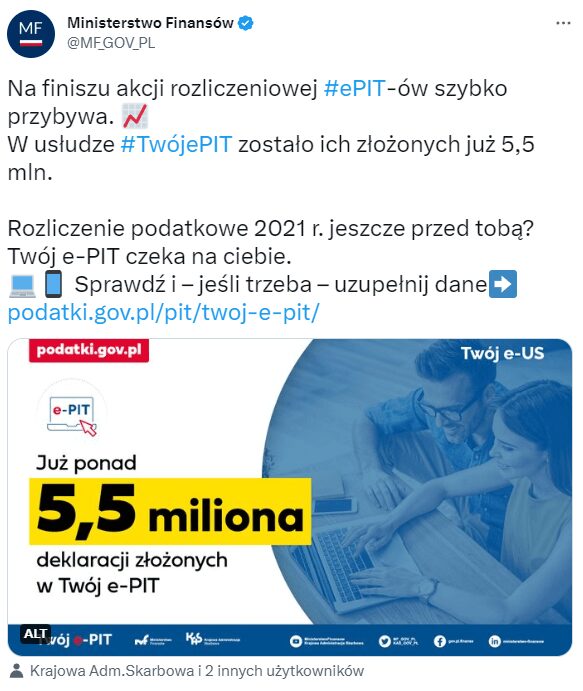 Ilustracja przedstawia wpis Ministerstawa Finansów na temat akcji rozliczeniowej ePit
