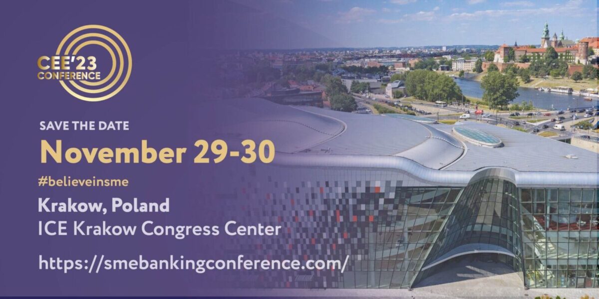 Grafika do artykułu: Konferencja CEE23 SME Banking tym razem odbędzie się w Krakowie. Przedstawia logo organizatorów i informacje organizacyjne.