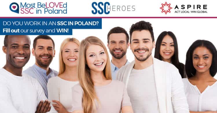 Zdjęcie jest ilustracją do artykułu: Let’s find the Most BeLOVEd SSCs in Poland together!Przedstawia grupę młodych uśmiechniętych pracowników oraz logo i informacje na temat kampanii BeLoved SSCs.