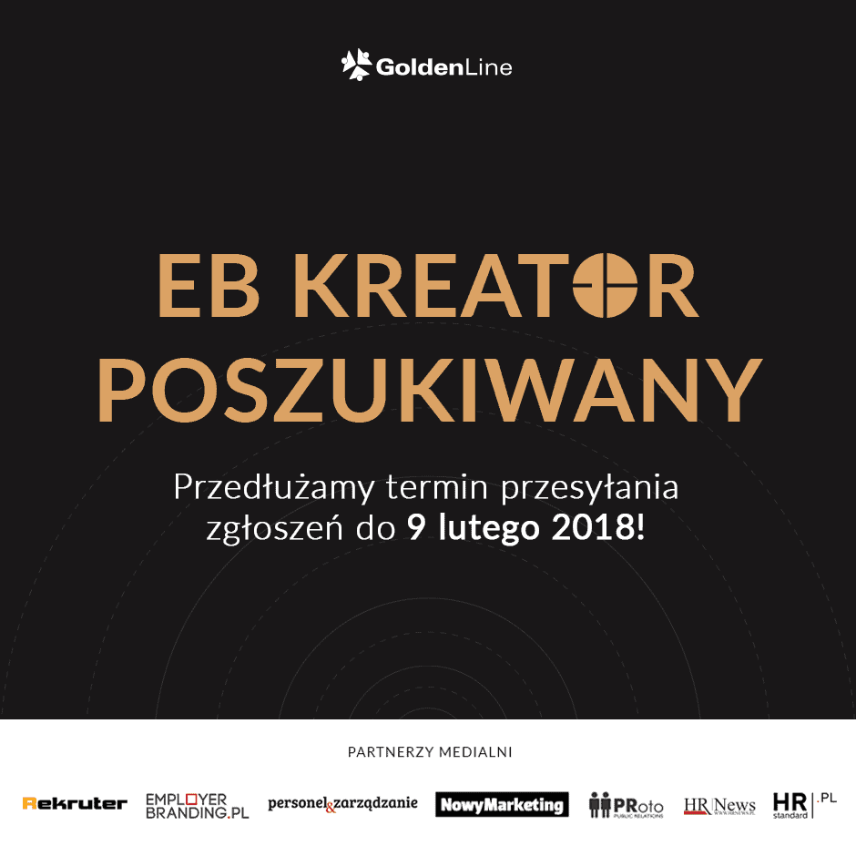 Grafika jest ilustracją do artykułu: Przedłużenie terminu zgłoszeń na EB Kreator do 9 lutego! Przedstawia tytuł: EB Kreator Poszukiwany i informacje organizacyjne. Pomarańczowe litery na czarnym tle.