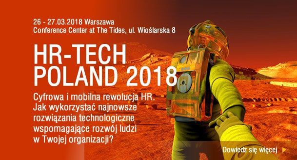 Grafika jest ilustracją do artykułu: HR - TECH POLAND 2018. Przedstawia astronautów na Marsie. Na geafice znajdują sie informacje dotyczące adresu i miejsca konferencji oraz jej tytuł.