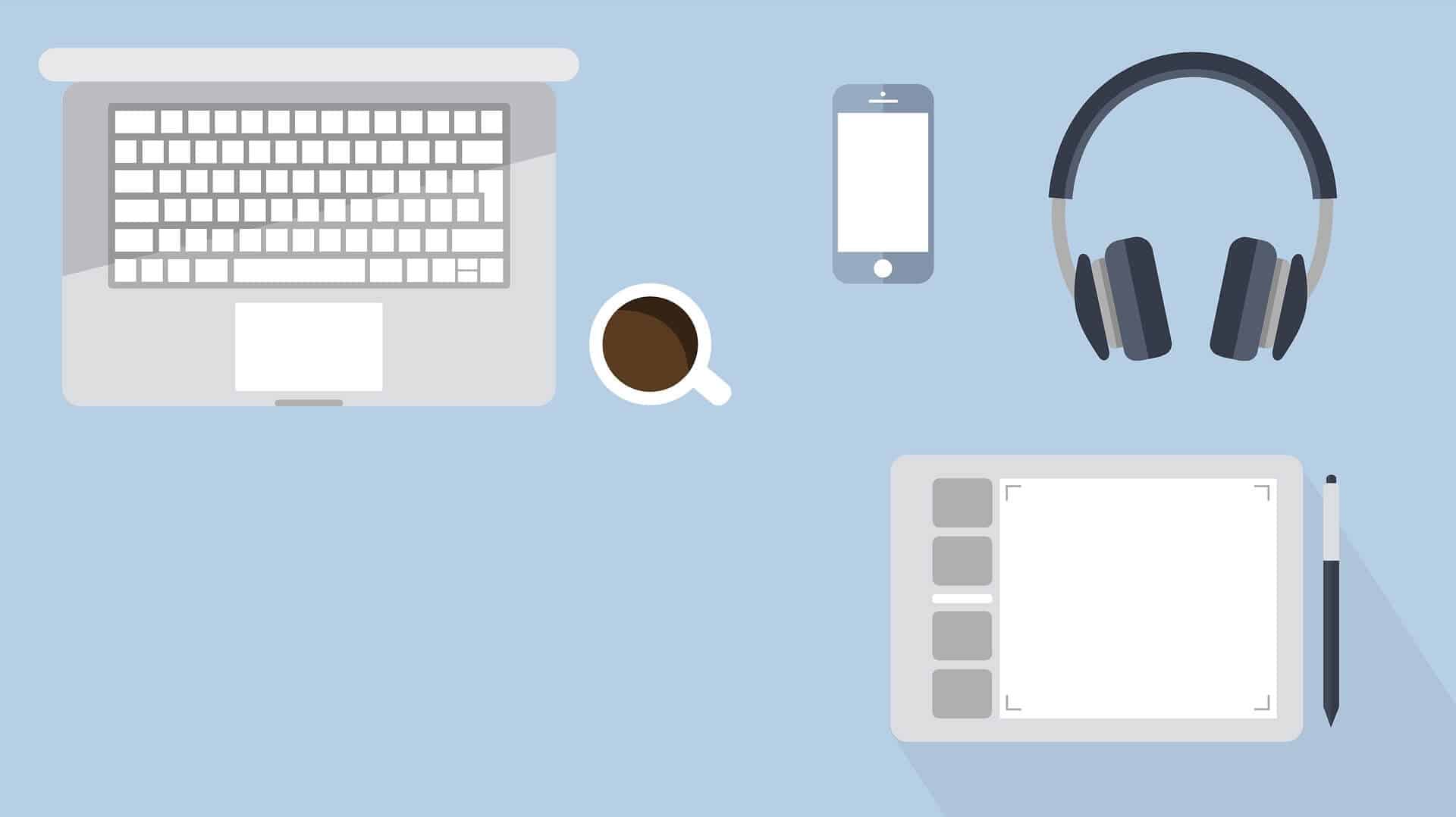 Grafika jest ilustracją do artykułu: Jaki jest wpływ kultury cyfrowej na pracowników. Przedstawia klawiaturę, telefon, słuchawki i notes. Grafika jest w kolorach szaro-biało-niebieskim.