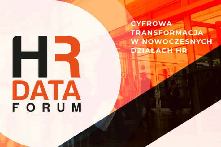 Graficzna ilustracja do artukułu: HR Data Forum 2019. Przedstawia informacje na temat konferencji, datę i miejsce. Kolorystyka pomarańczowo-czarna