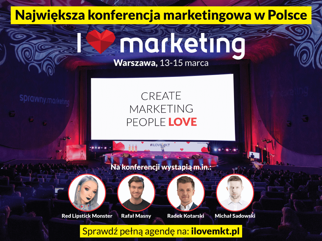 Grafika ilustruje artykuł "Konferencja I Love Marketing." Przedstawia tytuł konferencji, dat€ oraz zdjęcia prelegentów.