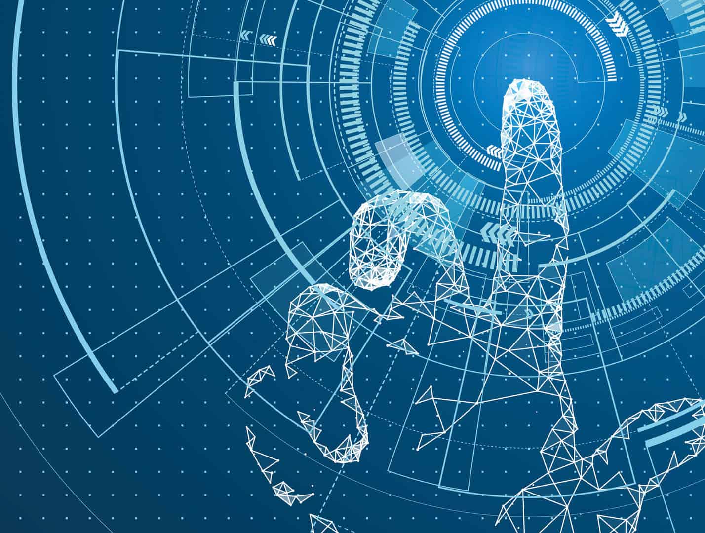 Grafika do artykułu: Poszukiwanie najlepszych kompetencji IT. Przedstawia cyfrową białą ludzką dłoń na niebieskim tle.