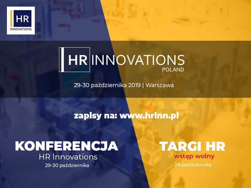 Informacja na temat Konferencji HR Innovations. Na żółto niebieskim tle, napisy w kolorze biały, miejsce Warszawa, data: 29-30.2019