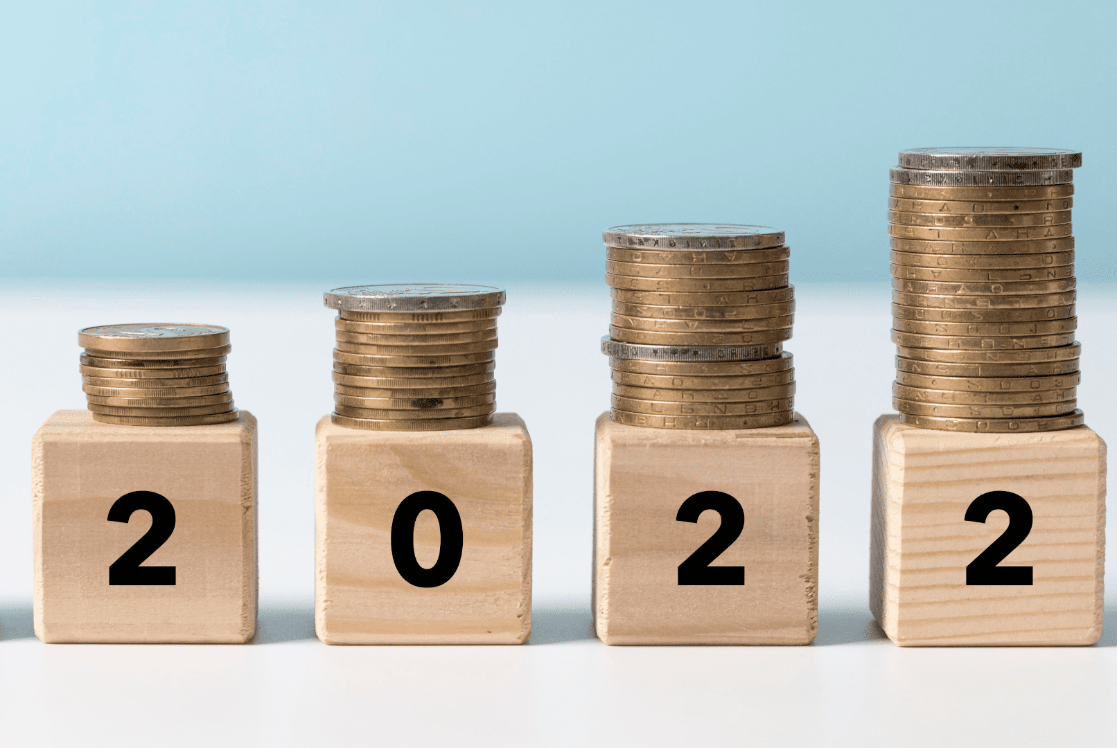 Zdjęcie jest ilustracją artykułu: Rosnąca presja płacowa w firmach – co na ten sądzą temat ekonomiści? Przedstawia drewniane kostki z cyframi 2022 a na nich stosy monet.