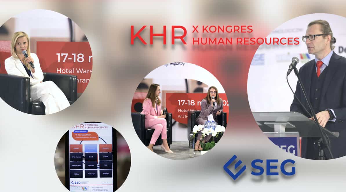 Grafika jest ilustracją do artykułu: Jubileuszowy Kongres HR Spółek Giełdowych SEG - podsumowanie. Przedstawia zdjęcia prelegentów i podstawowe organizacyjne informacje na temat Kongresu.