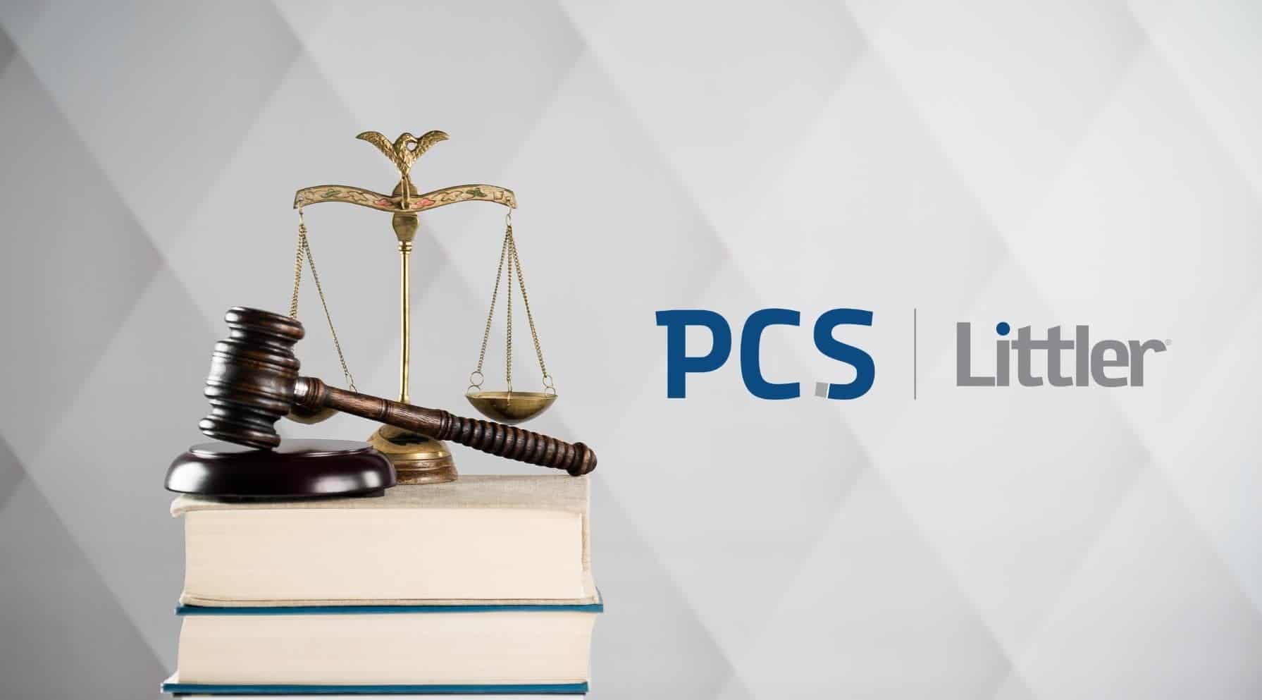 Zdjęcie jest ilustracją do artykułu: Zmiany w PPK – na co muszą być gotowi pracodawcy?. Przedstawia logo PCS Littler oraz kodeksy, młotek sędziowski i wagę sprawiedliwości.