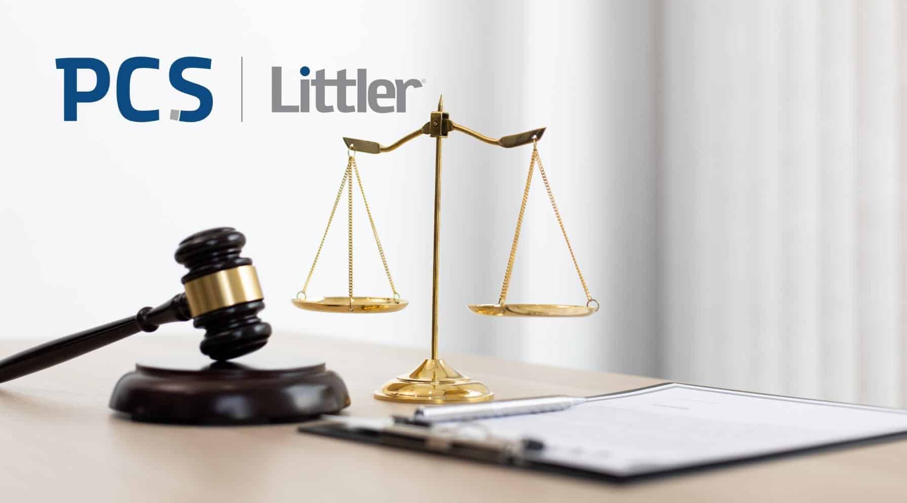 Ilustracja do artykułu: Kontrola trzeźwości podczas pracy zdalnej. Przedstawia logo PCS Littler oraz wagę sprawiedliwości, młotek sędziowski i notes.