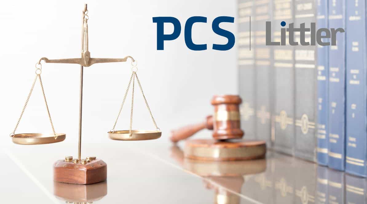 Zdjęcie jest ilustracją do artykułu: Zaległe urlopy: o czym muszą pamiętać pracodawcy?. Przedstawia wagę sprawiedliwości, młotek sędziowski i kodeksy. W górnym prawym rogu znajduje się logo PCS, Littler.