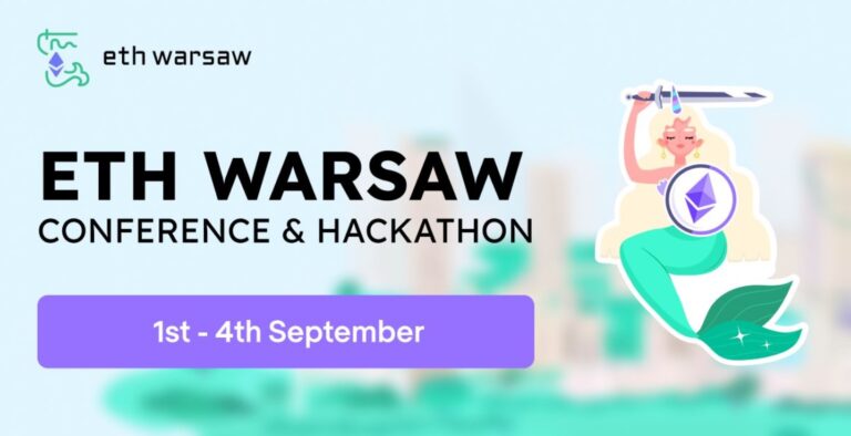 Obrazek jest ilustracją do artykułu: ETHWarsaw, największa konferencja i hackathon Web3 w Europie Środkowo-Wschodniej odbędzie się w dniach 1-4 września. Przedstawia stylizowaną syrenkę warszawską oraz logo wydarzenia.