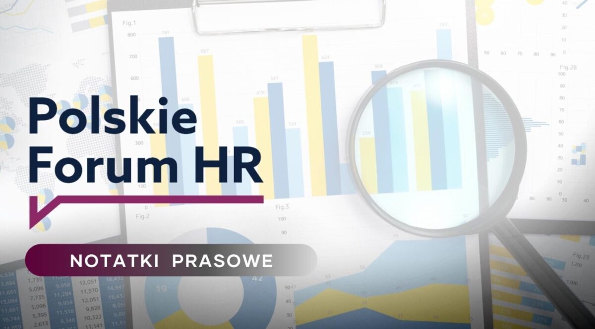 Zdjęcie jest ilustracją do artykułu: Rynek usług HR w drugim kwartale 2022 roku. Przedstawia wykresy i lupę. Po lewej stronie znajduje się logo Polskie Forum HR oraz tytuł działu: Notatki prasowe.