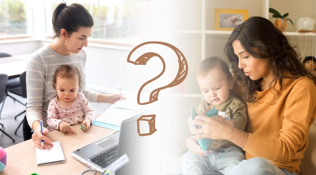 Grafika jest ilustracja artykułu: Realia rynku a powrót do pracy po macierzyńskim - czy 800+ coś zmieni? Przedstawia dwie kobiety z maleńkimi dziećmi. Jednak kobieta pracuje przy biurku trzymając dziecko na kolanach. Druga bawi się z dzieckiem trzymanym na rękach. Po środku znajduje się duży znak zapytania