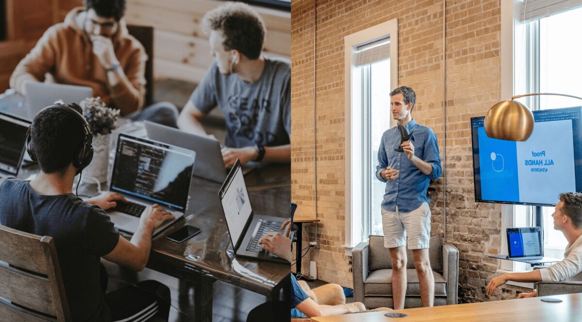 Zdjęcie jest ilustracją do artykułu: Innowacje technologiczne w szkoleniach dla pracowników - trendy 2023. Przedstawia osoby biorące udział w szkoleniach dla pracowników