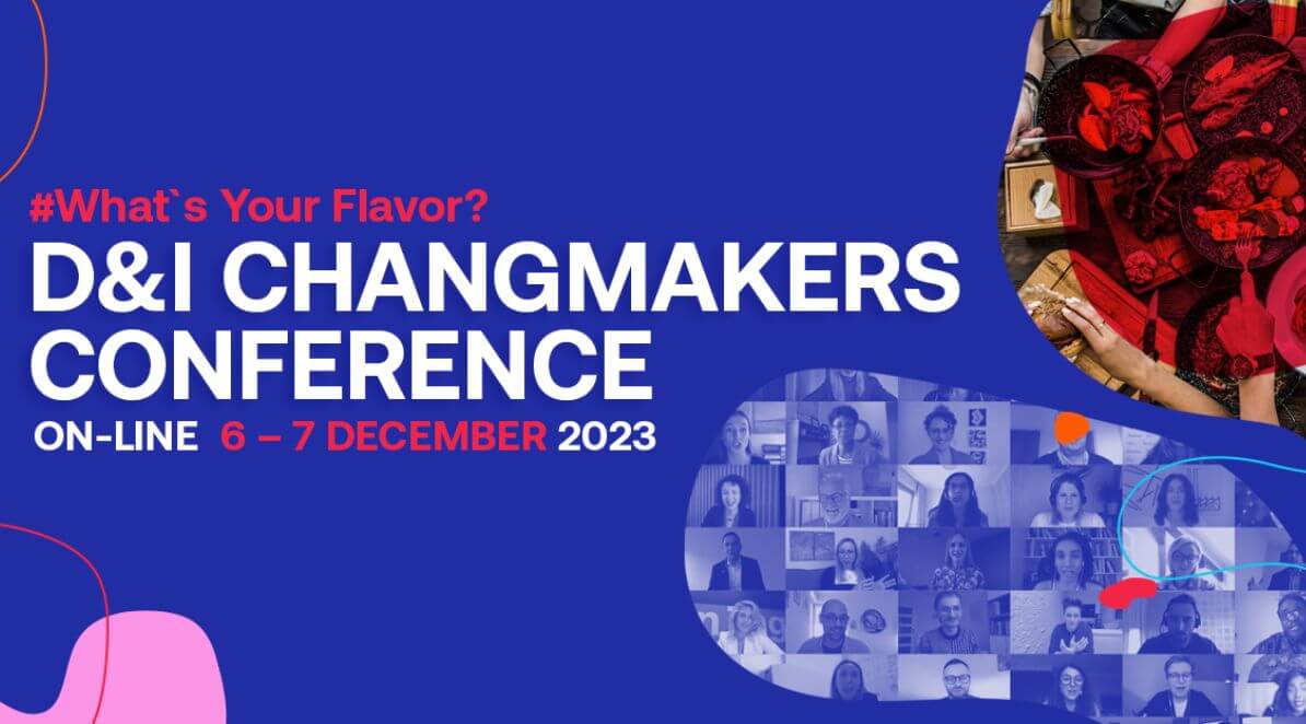 Ilustracja do artykułu: D&I Changemakers – największa i najważniejsza konferencja DEI dla biznesu w Europie Środkowo-Wschodniej już w grudniu! Przedstawia tytuł i datę konferencji. Białe i czerwoen litery na granatowym tle. W prawym dolnym zdjęciu znajdują się zdjęcia prelegentów konferencji.