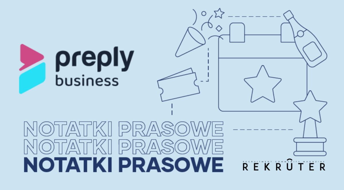 Grafika jest ilustracją do artykułu: E-learning zdominował firmowe szkolenia. 79% organizacji planuje zwiększyć wydatki na kursy online. Przedstawia logo firm Preply Business i Magazyny Rekruter oraz tytuł działu Notatki prasowe.