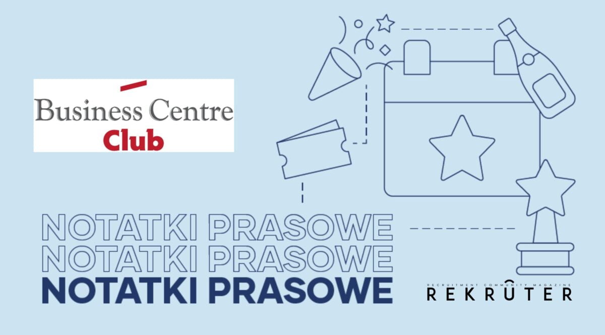 Grafika jest ilustracją do artykułu: Raport Business Centre Club przedstawia trendy w prawie pracy. Przedstawia tytuł artykułu, logo BCC i logo Magazynu Rekruter .