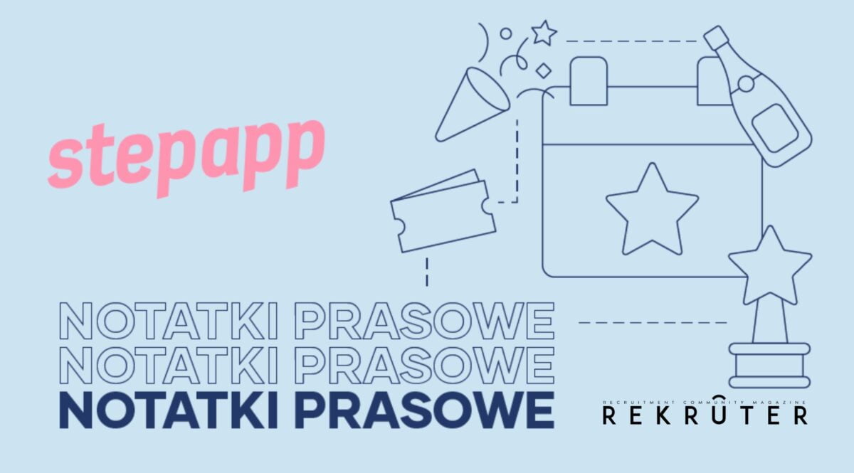 Grafika jest ilustracją do artykułu: Stepapp przywołuje branżę sprzątającą do porządku. Przedstawia logo Stepapp, Magazyny Rekruter oraz tytuł działu Notatki Prasowe.
