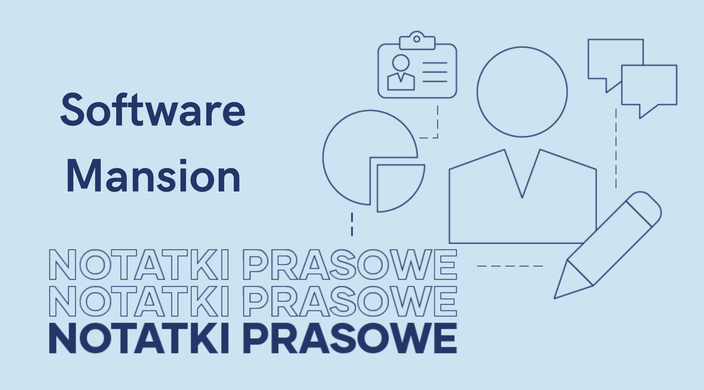 Ilustracja do artykułu: Software Mansion organizuje konferencję App.js Conf. Przedstawia grafikę na niebieskim tle, tytuł Software Maison i tytuł działu: Notatki Prasowe.