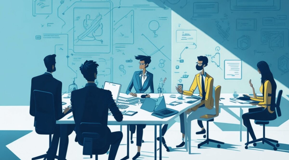 Grafika przedstawia osoby w biurze przy stole dyskutują projekty. Jest to ilustracja do artykułu: Jak znaleźć pracę w startupie i czy warto?