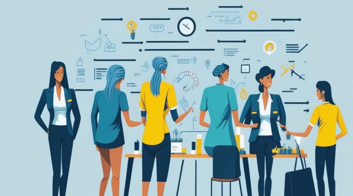 Grupa osób dyskutujących o narzędziach rekruterskich przy tablicy