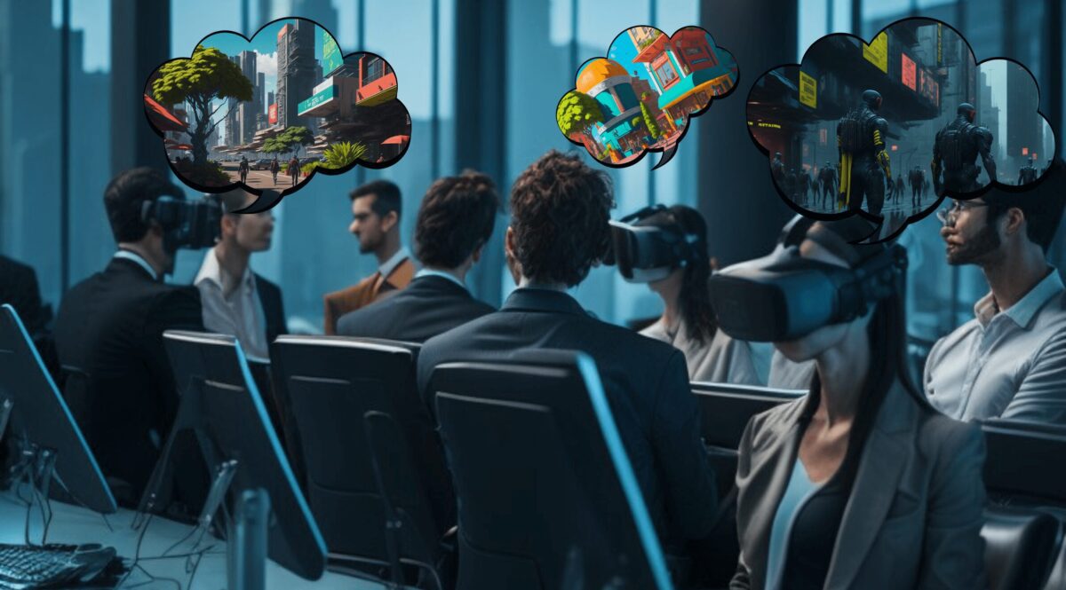 Zdjęcie jest ilustracją do artykułu: Co się stało z polskim Metaverse? Szanse zatrudnienia. Przedstawia osoby w goglach VR siedzące w biurze, w dymkach widać wirtualne światy, które zwiedzają