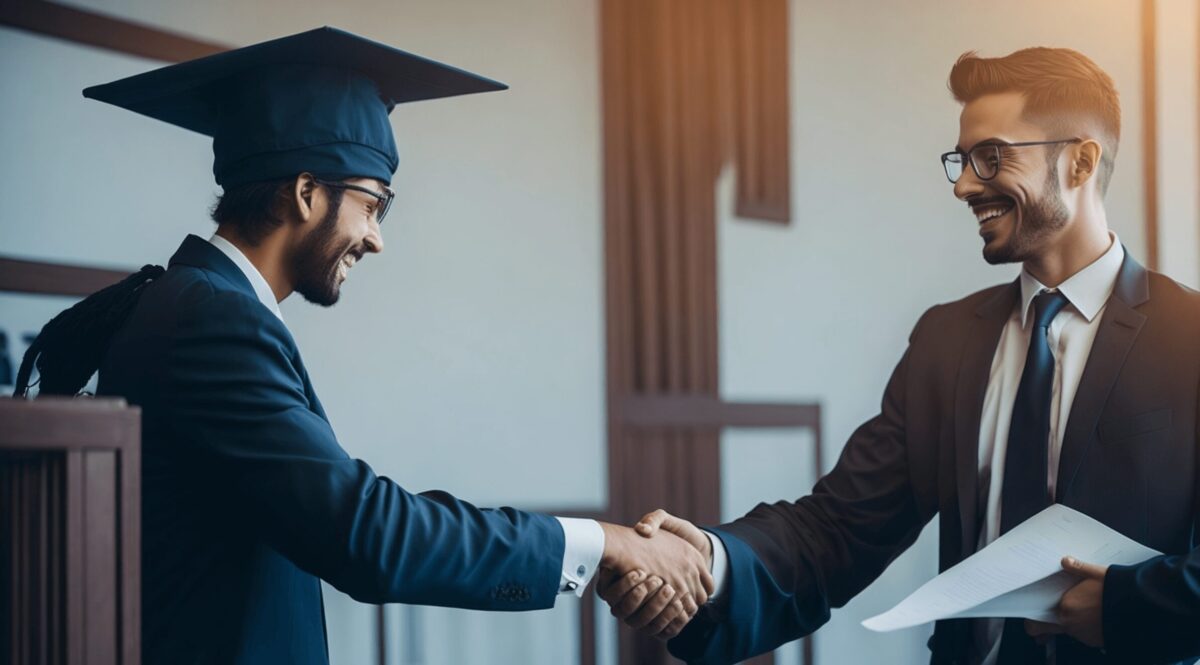Student i pracodawca ściskają sobie rękę w biurze