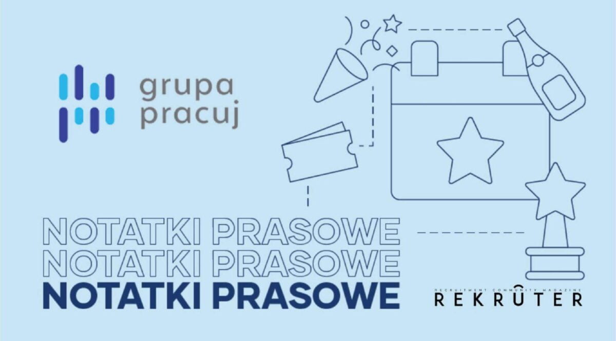 Grafika jest ilustracją do artykułu: Twitter Email Polacy o cyfrowych kompetencjach w pracy i rekrutacji. Przedstawia logo Magazyny Rekruter, Grupy Pracuj.pl oraz tytuł działu: Notatki Prasowe