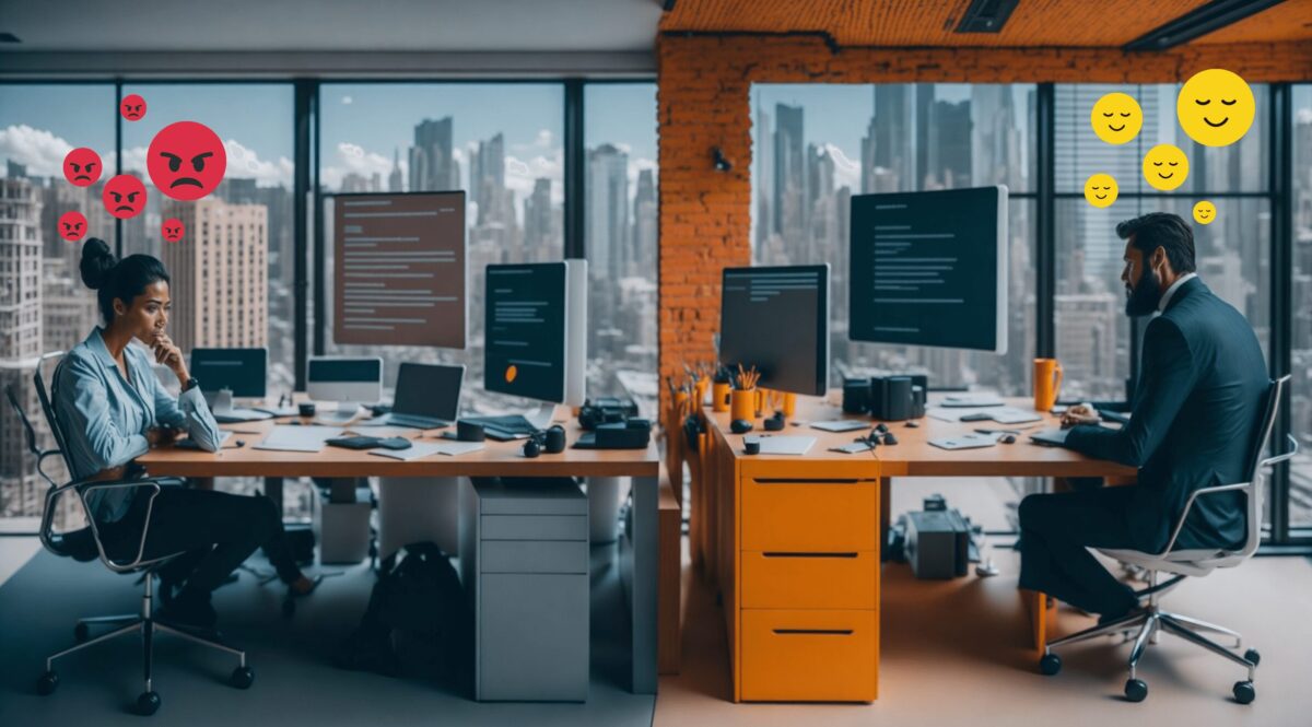 Dwie osoby w dwóch innych biurach prowadzą rozmowę online