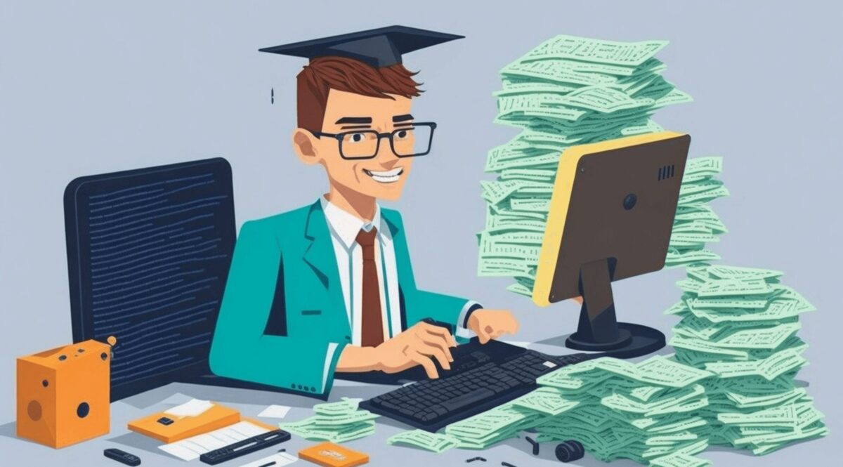 Student przed komputerem przy pracy, przy biurku zawalonym dokumentami