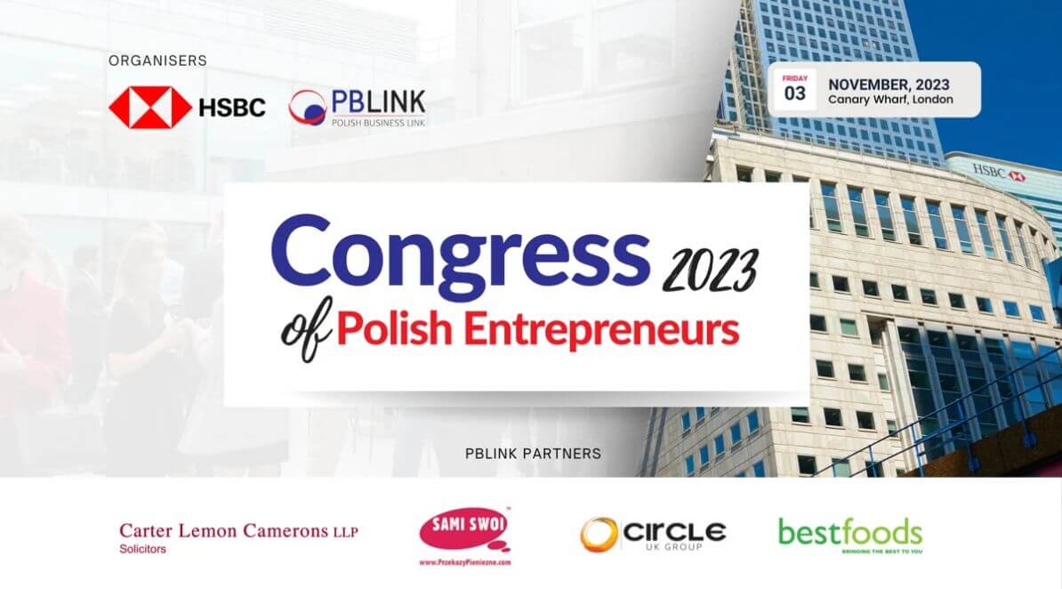 Ilustracja do artykułu: Polish Business Link i HSBC organizują Kongres Polskich Przedsiębiorców w Londynie. Przedstawia logo kongresu i partnerów oraz datę wydarzenia. W tle widać nowoczesne biurowce.