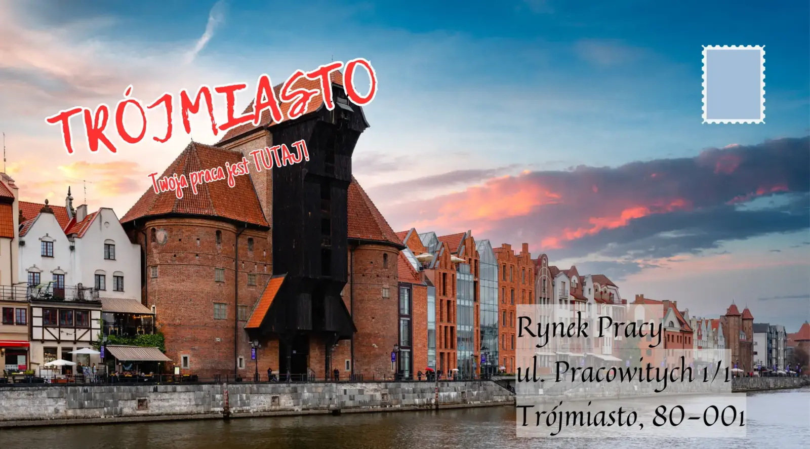 Żuraw w Gdańsku na pocztówce z hasłami dotyczącymi rynku pracy