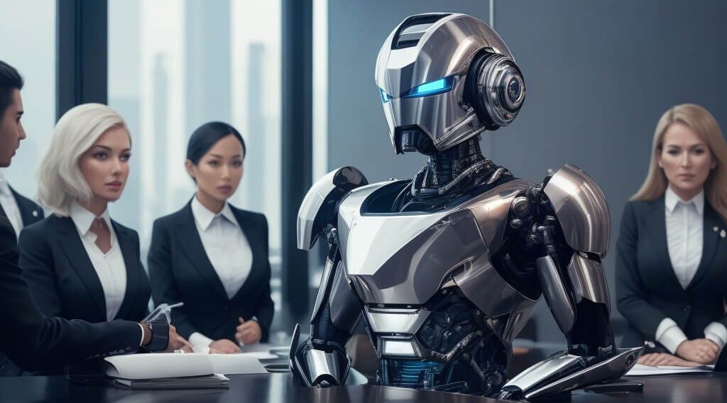 Ilustracja do artykułu Startupy w Polsce: jak ocenić szanse nowej firmy na sukces? Przedstawia grupę pracownic korporacji siedzących za stołem konferencyjnym. Na przednim polanie znajduje się robot.