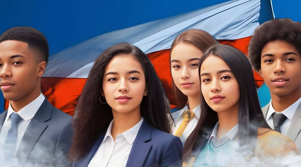 Ilustracja do artykułu: Cudzoziemcy na polskim rynku pracy. Przedstawia piątke młodych ludzi różnej narodowości na tle poslkiej flagi.