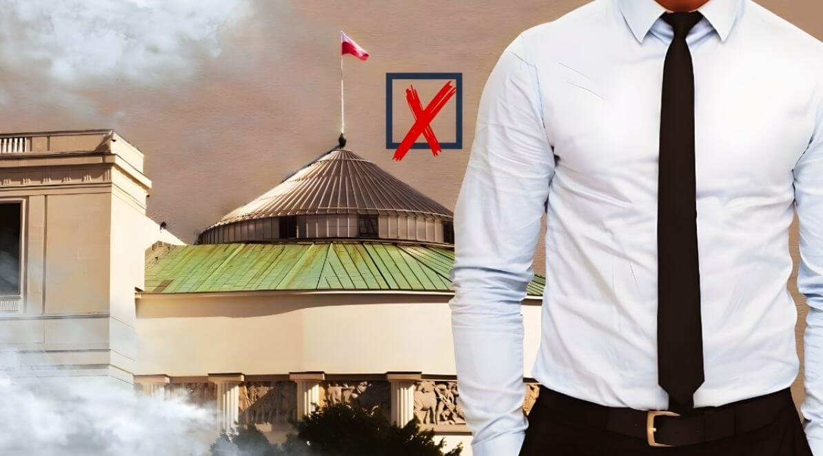 Zdjęcie jest ilustracją do artykułu: Propozycje partii politycznych dla rynku pracy. Przedstawia kopułę Sejmu, mężczyznę w białej koszuli i kratkę z czerwonym krzyżykiem.