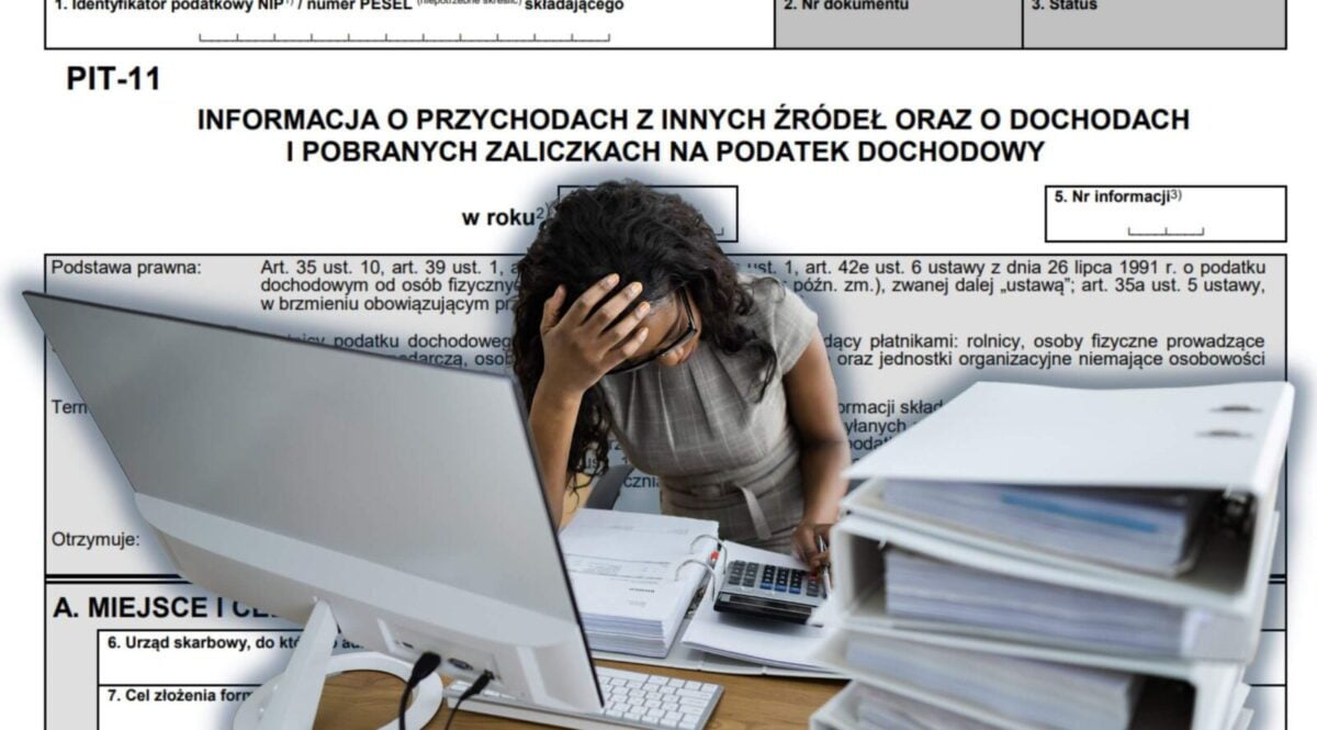 Ilustracja do artykułu o ePIT muszą rozumieć wszyscy!. Przedstawia księgową pochyloną nad biurkiem pełnym segregatorów. W tle druk PIT-11